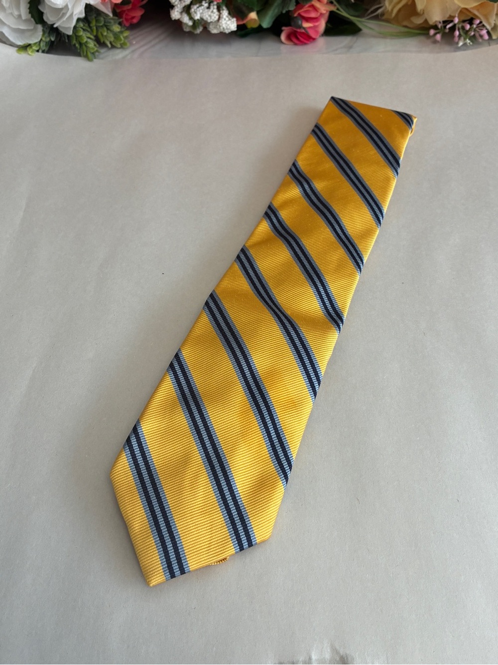 Barbara Blank Designer Collection Silk Striped Necktie Yellow Blue Handmade NY